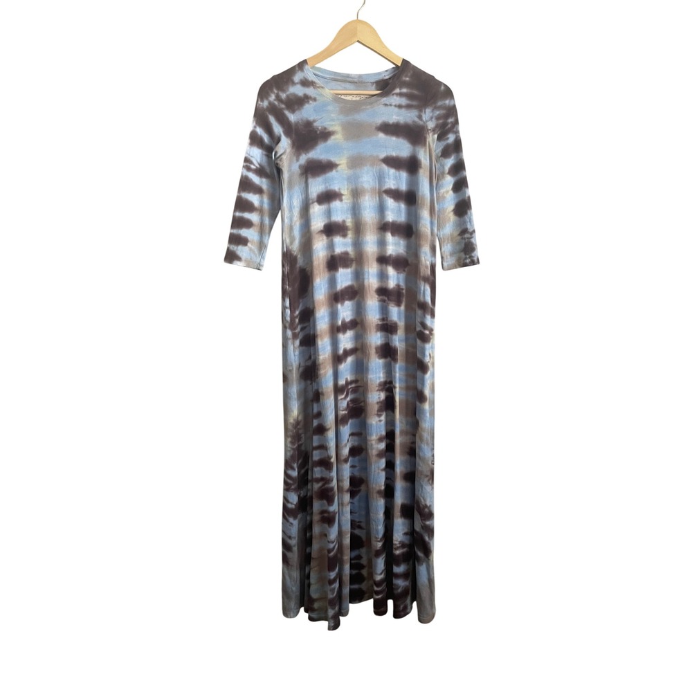 Raquel Allegra Blue Brown Tie Dye Cotton Maxi Dress Handmade Pockets 0 Bohemian